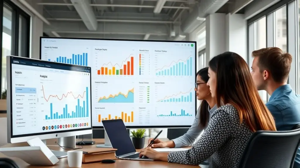 Software company dashboard: Inbound and outbound marketing metrics displayed in charts and graphs, Dashboard com métricas de Inbound e Outbound. Equipe analisando dados.