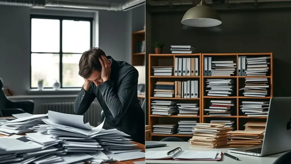 Split image: One side showing disorganized papers and a stressed business owner, the other side Antes e depois da organização financeira: caos versus controle. Transformação e alívio.