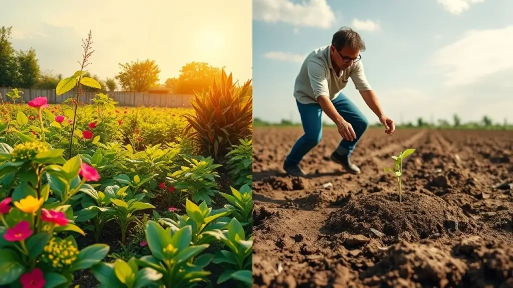 Split screen image: Left side shows a thriving garden (inbound), right side shows a person pushing Inbound: Jardim próspero. Outbound: Semente em terra seca. Comparativo.