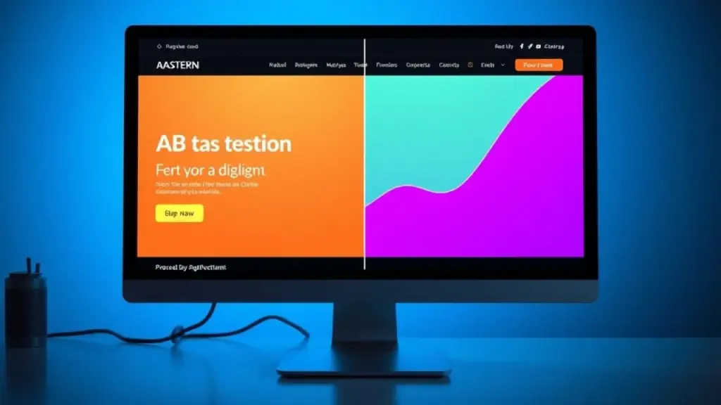 Split screen showing A/B testing variations on a website landing page, professional web design Tela dividida mostrando testes A/B de landing page.