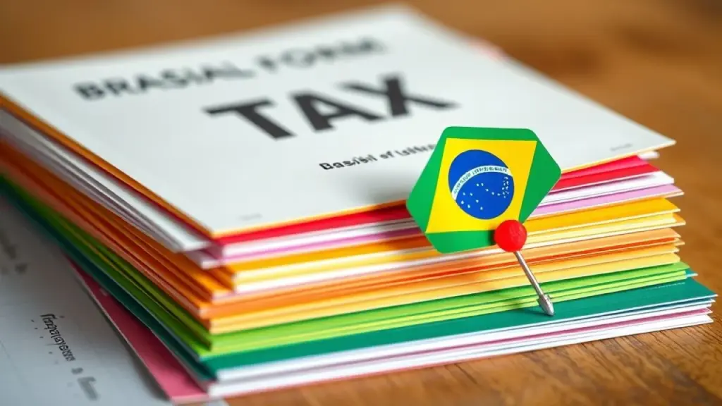 Stack of colorful Brazilian tax forms, professional still life photography, shallow depth of field, Formulários de impostos brasileiros para pequenas empresas.