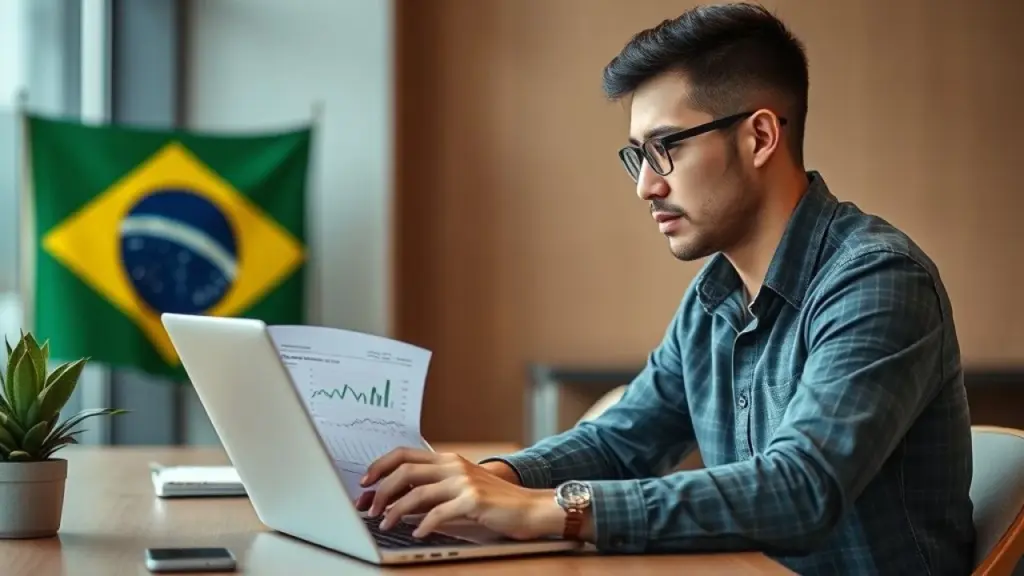 Startup founder intensely reviewing financial reports at modern desk, professional commercial Empreendedor brasileiro analisa finanças da startup. Contabilidade é vital.