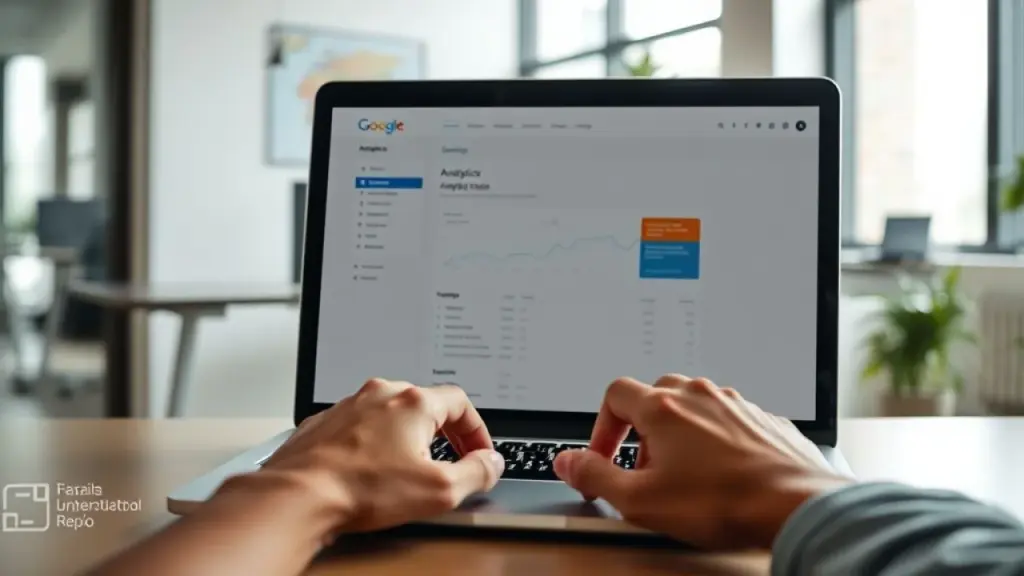 Step-by-step Google Analytics setup tutorial on a laptop screen, hands typing on keyboard, clean Tutorial de configuração do Google Analytics em português.