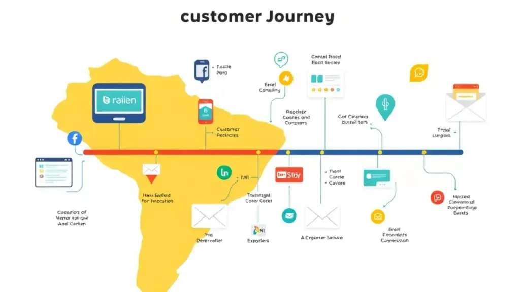 Stylized illustration of a customer journey map, showcasing various touchpoints and interactions Ilustração da jornada do cliente, mostrando interações com uma empresa brasileira.