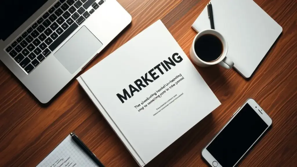 Table with a book about marketing surrounded by marketing tools (laptop, notepad, smartphone) on a Ambiente de estudo de marketing com livro, laptop e café. Aprenda e aplique!