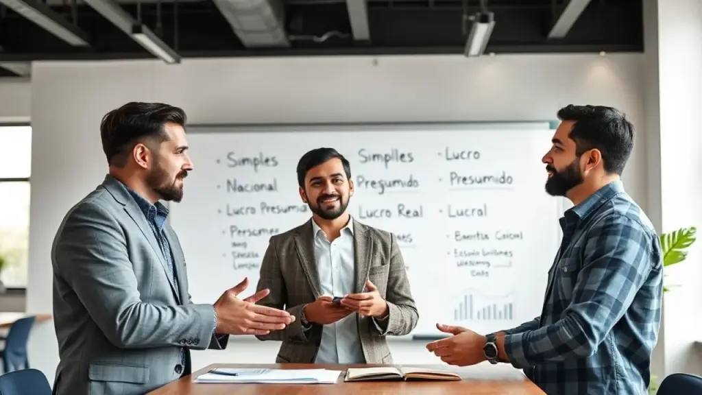 Three diverse business partners discussing tax regimes in a modern Brazilian co-working space, Sócios brasileiros discutem regimes tributários em espaço de coworking.
