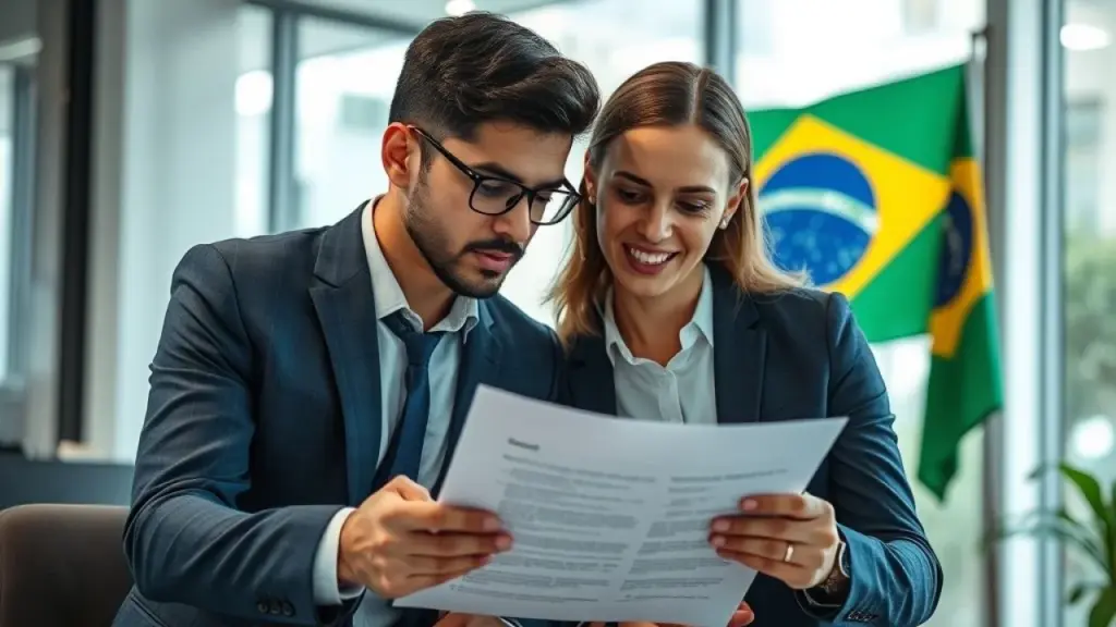 Two Brazilian business partners reviewing a contract social in a modern office, professional Sócios brasileiros revisando contrato social da empresa