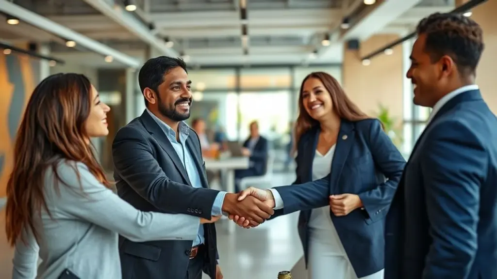 Two Brazilian business professionals shaking hands after a successful networking meeting in a Profissionais brasileiros apertando as mãos após reunião de networking