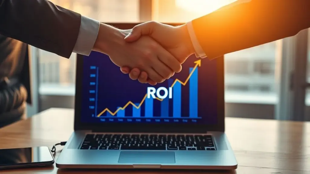 Two hands shaking over a laptop displaying a graph with rising ROI, symbolizing successful Aperto de mãos simbolizando sucesso na otimização do ROI.