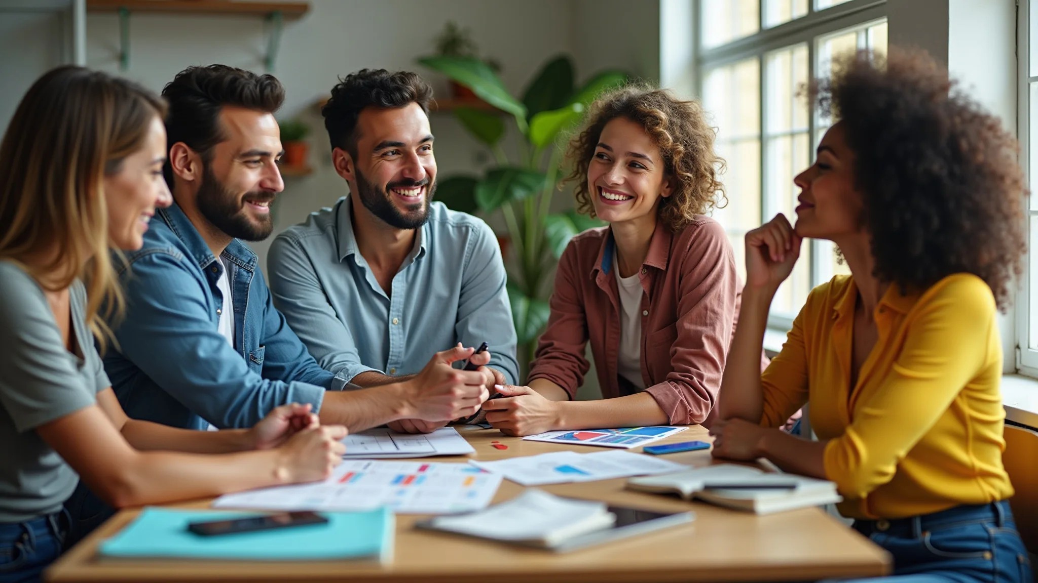 Empreendedoras diversas em brainstorming de marketing em escritório brasileiro vibrante.