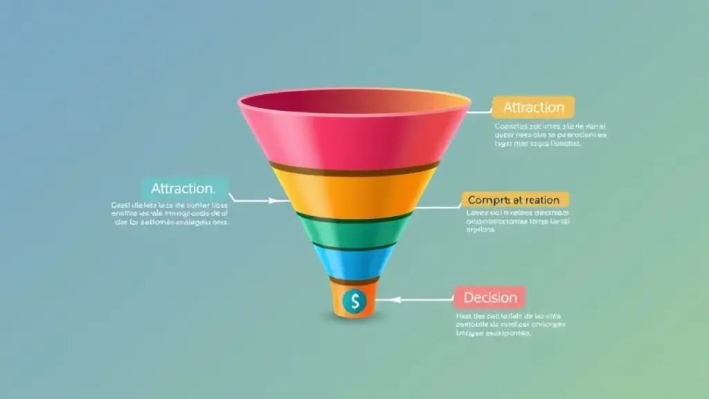 Visual representation of a sales funnel diagram with distinct stages (Attraction, Consideration, Diagrama do funil de vendas mostrando as etapas de atração, consideração e decisão.