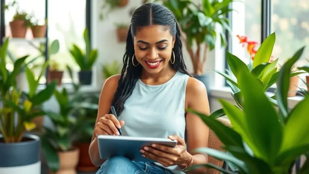 Woman in a vibrant Brazilian co-working space planning social media content on a tablet, surrounded Mulher brasileira planejando conteúdo para redes sociais em espaço de co-working.