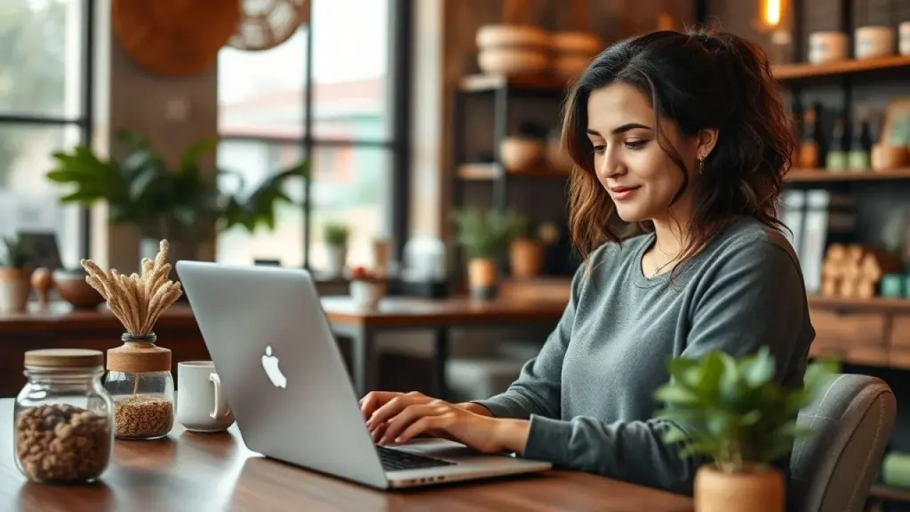 Young Brazilian woman (Ana) working on her laptop in a cozy coffee shop, surrounded by artisanal Ana, a Empreendedora Digital, trabalhando em cafeteria no Brasil.