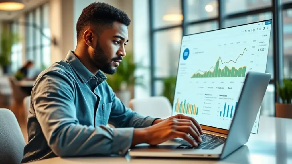 Young, diverse Brazilian entrepreneur analyzing data on a laptop screen, showing sales funnel Empreendedor brasileiro analisando dados do funil de vendas em um laptop.