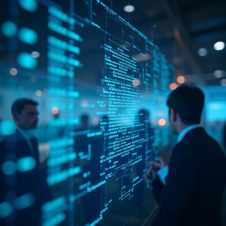 Algoritmos de IA revelando segredos em tela translúcida, com profissionais diversos ao fundo.