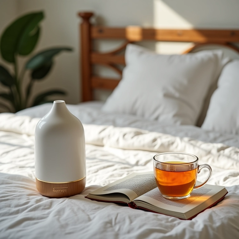 Ambiente de quarto com diário do sono, difusor e chá relaxante.