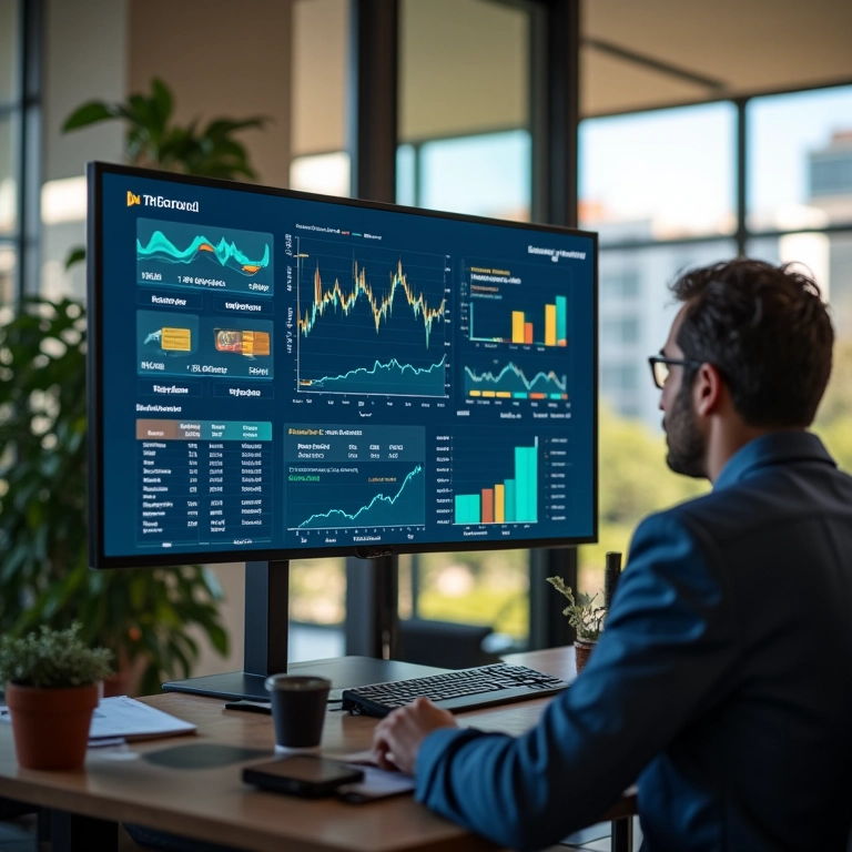 Análise de gráficos financeiros em escritório ensolarado.