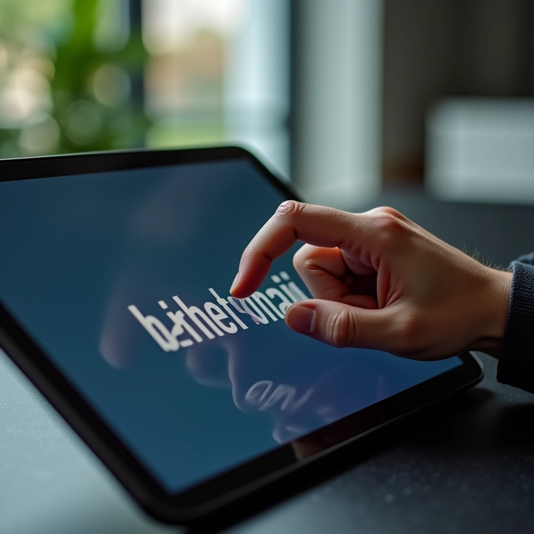 Análise detalhada do logo de uma marca em um tablet, em um ambiente de coworking em SP.