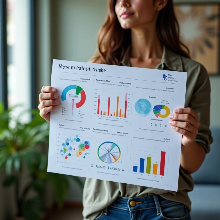 Analista de dados apresentando insights acionáveis de dados de quiz, com gráficos coloridos.