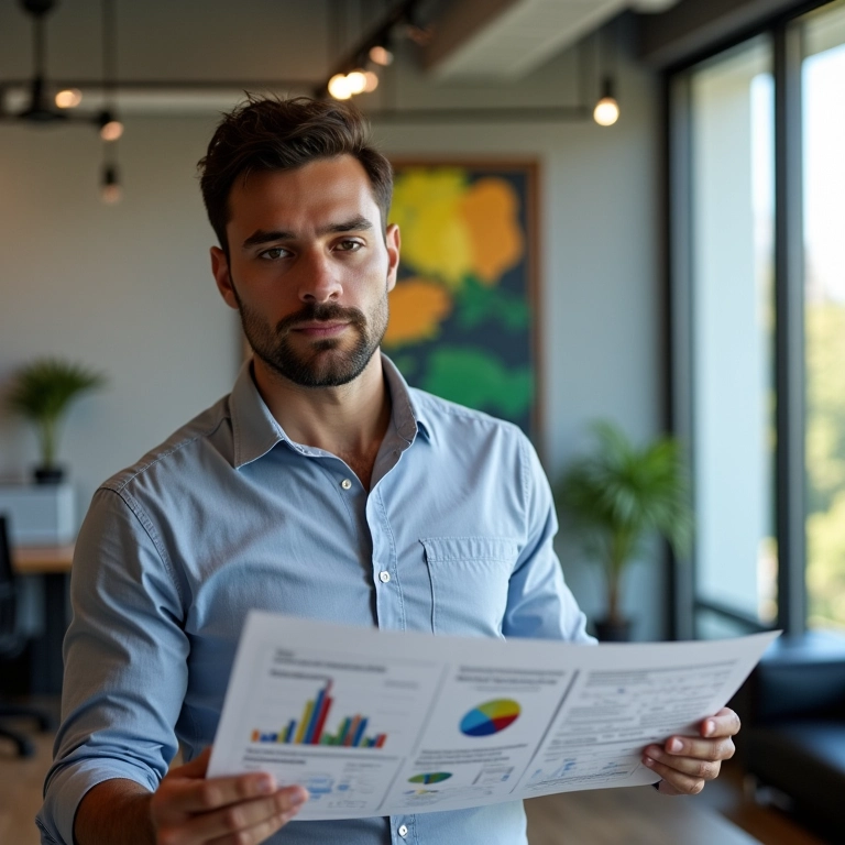 Analista de dados revisando metas de marketing em escritório em São Paulo.
