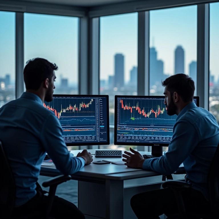 Analista utilizando médias móveis em múltiplas telas para análise técnica no mercado financeiro.