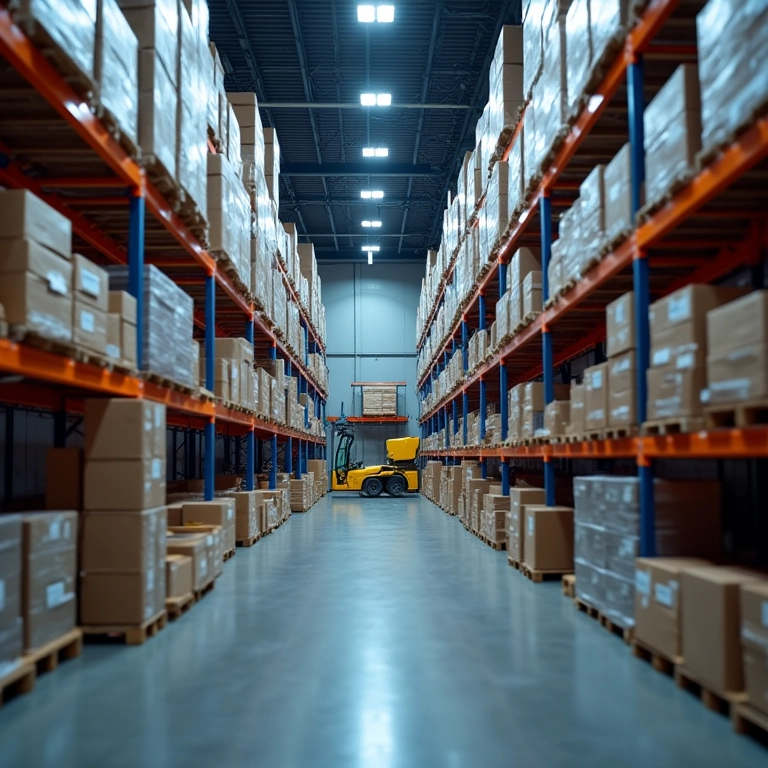 Armazém organizado com sistema de gestão de estoque.