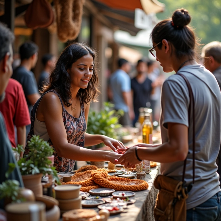 Artesão brasileiro exibindo produtos artesanais em mercado local, interagindo com clientes.