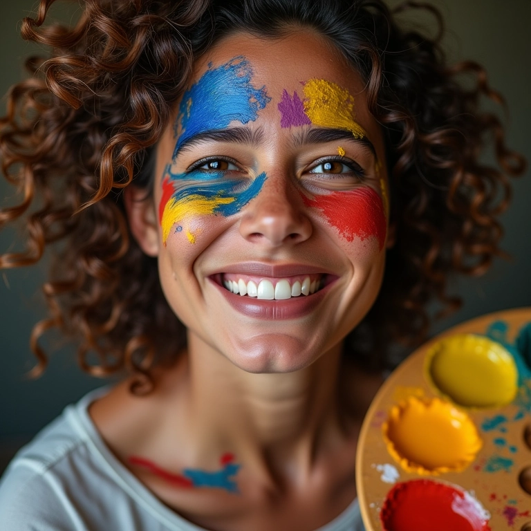 Artista expressando emoções intensas através da pintura em um estúdio vibrante.