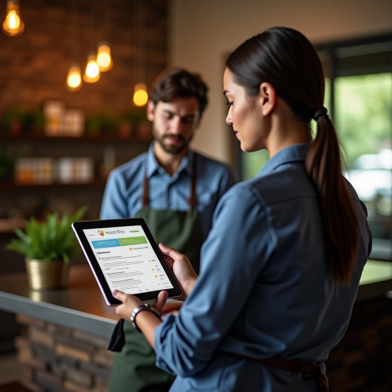 Atendente revisando histórico de interações do cliente em tablet.