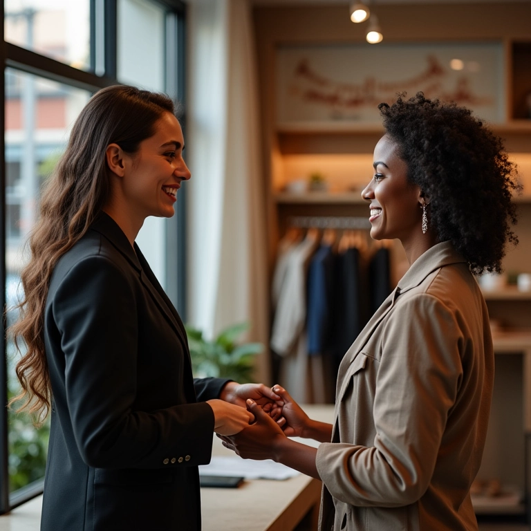 Atendente simpática auxiliando cliente em boutique em São Paulo, oferecendo atendimento impecável.