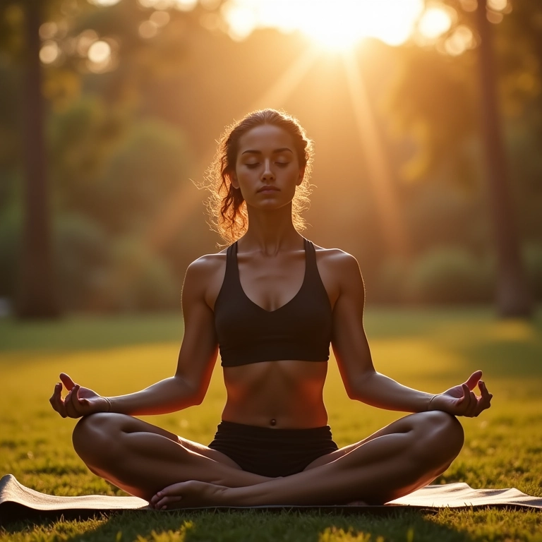Atleta meditando em ambiente natural.