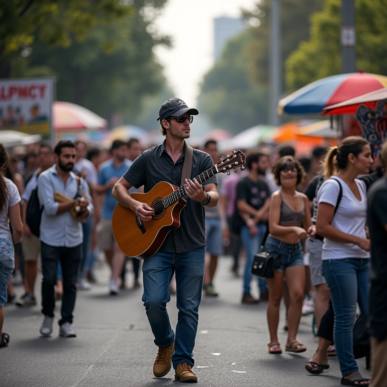 Avenida Paulista movimentada no domingo com artistas de rua e pessoas aproveitando.