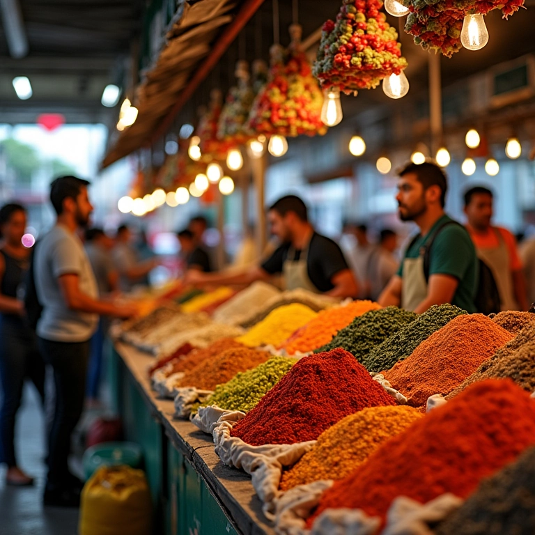 Barracas vibrantes no Mercado Municipal de São Paulo com frutas e especiarias coloridas.