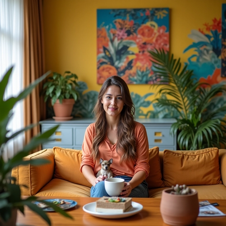 Blogueira brasileira escrevendo conteúdo sobre marketing de afiliados em um apartamento vibrante em São Paulo.