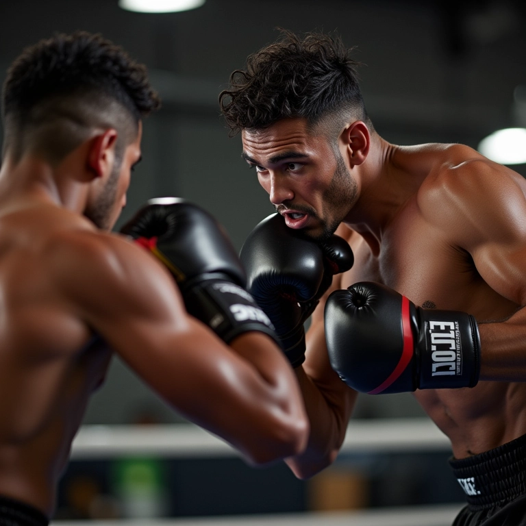 Boxeador treinando intensamente em ringue de academia em SP, expressão determinada e movimento dinâmico.