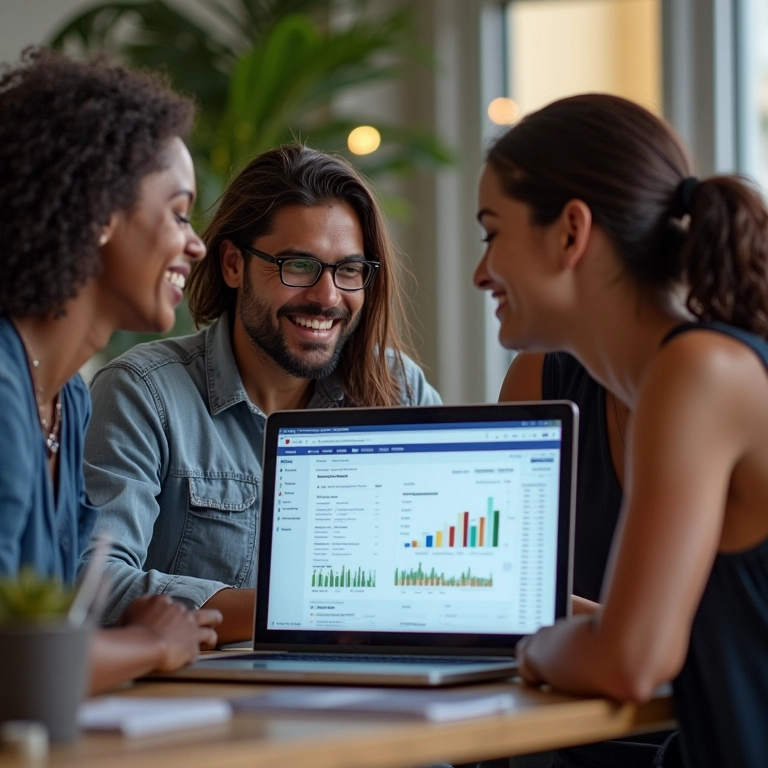 Remarketing no Google Ads: Como Configurar Para Sua Loja Brasileiros analisam dados de remarketing do Google Ads em laptop.