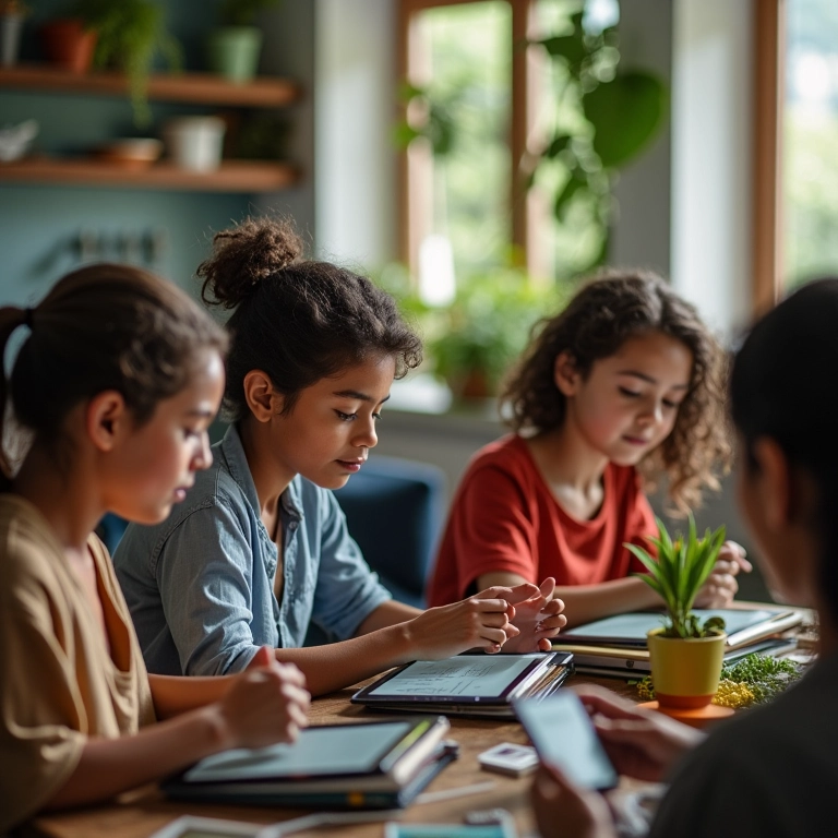 Brasileiros analisam feedback de produtos em tablets, buscando melhorias contínuas em coworking vibrante.