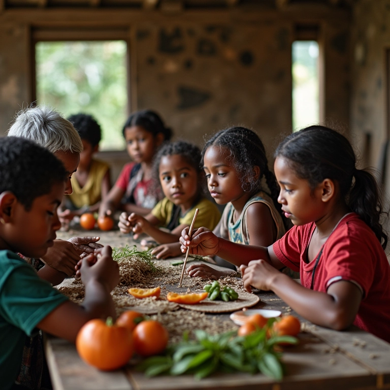 Brasileiros aprendem artesanato e histórias com anciãos em centro comunitário, educação informal.