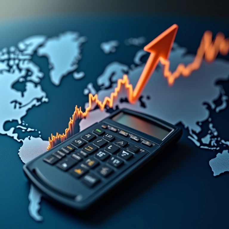 Calculadora com seta ascendente sobre mapa mundial.