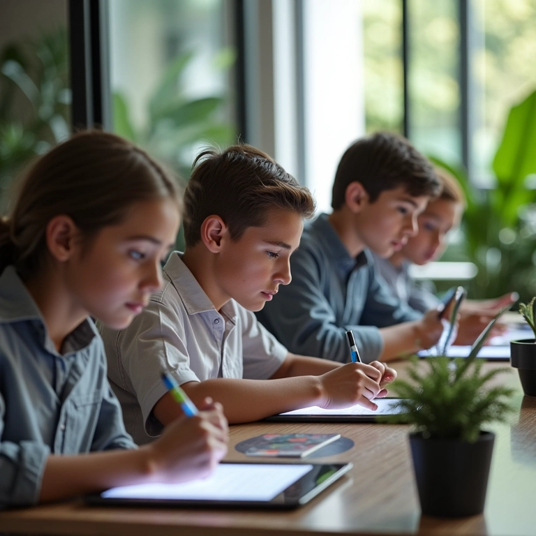 Candidatos diversos realizando testes padronizados em tablets em um ambiente de escritório moderno.