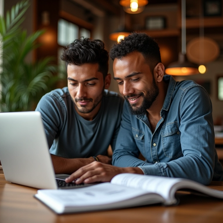 Casal brasileiro criando um orçamento financeiro juntos em um laptop.