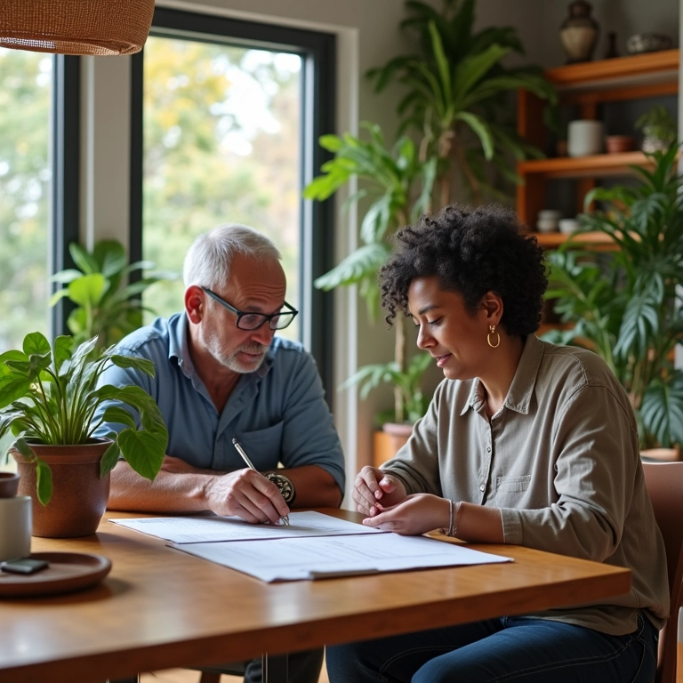 Usufruto de Bens em SP Direitos e Deveres Casal maduro analisa documentos de usufruto em sua casa em SP.