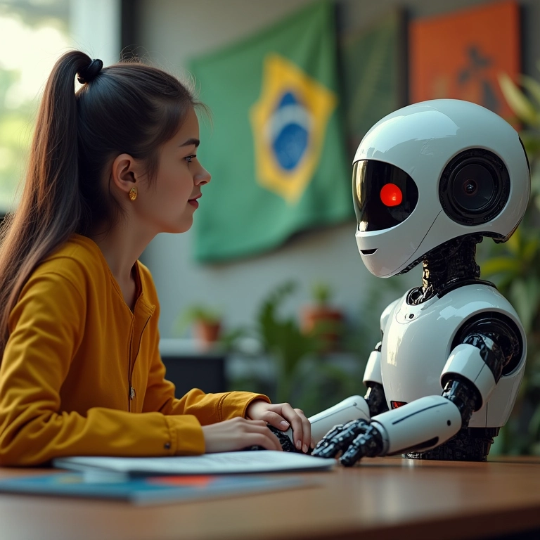 Chatbot de IA interagindo com cliente brasileiro para atendimento personalizado.