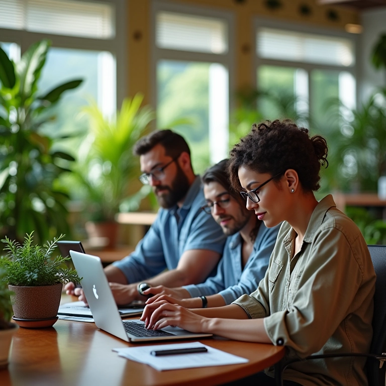 Cientistas de dados coletando e organizando dados de clientes em um escritório com design brasileiro vibrante.
