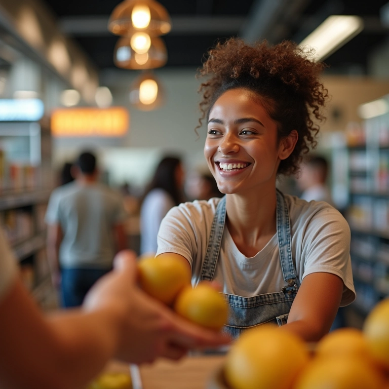 Cliente brasileiro feliz recebendo oferta de desconto exclusivo.