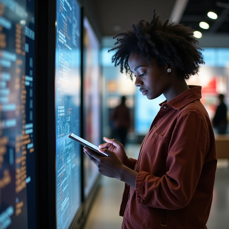 Cliente interagindo com display digital em loja moderna em São Paulo, usando tecnologia a favor da experiência.