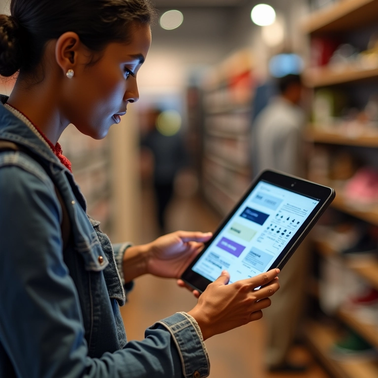 Cliente interagindo com experiência de varejo personalizada em loja através de tablet.