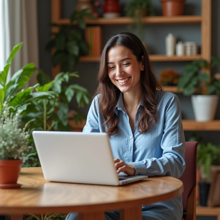 Cliente satisfeita preenchendo pesquisa de satisfação em casa.