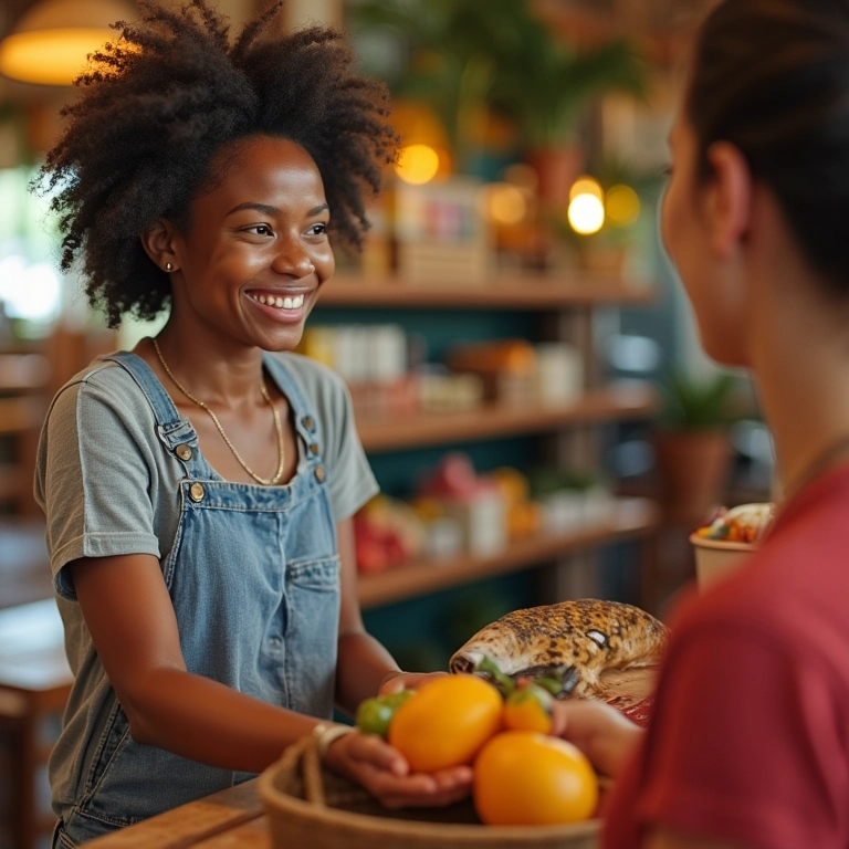 Cliente sorrindo ao receber atendimento excelente em loja brasileira.