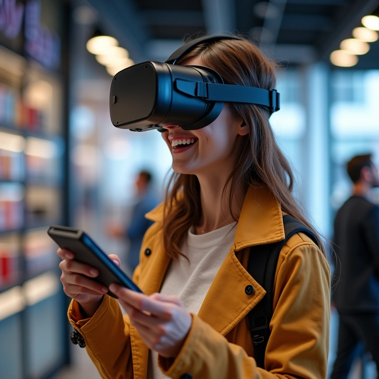 Cliente sorrindo ao usar RV para comprar online.